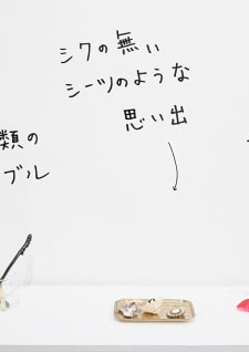 牛島光太郎の作品『組み合わせの方法』。日用品を組み合わせたモノと壁に油性ペンで言葉(文字)を書いた作品。