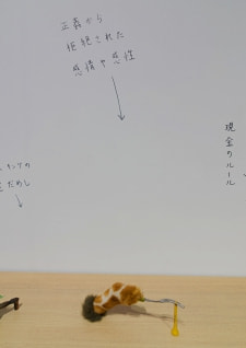 牛島光太郎の作品『組み合わせの方法』。日用品を組み合わせたモノと壁に油性ペンで言葉(文字)を書いた作品。